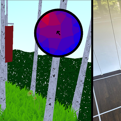 Left: Rendering of the hyperbolic virtual environment Holonomy, including a mini-map in the HUD. Hyperbolic effects are visible in the flag and the creeks partially vanishing behind the trees. Right: A player in the physical move area, with the corresponding square tiles marked on the floor.