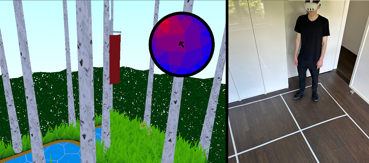 Left: Rendering of the hyperbolic virtual environment Holonomy, including a mini-map in the HUD. Hyperbolic effects are visible in the flag and the creeks partially vanishing behind the trees. Right: A player in the physical move area, with the corresponding square tiles marked on the floor.