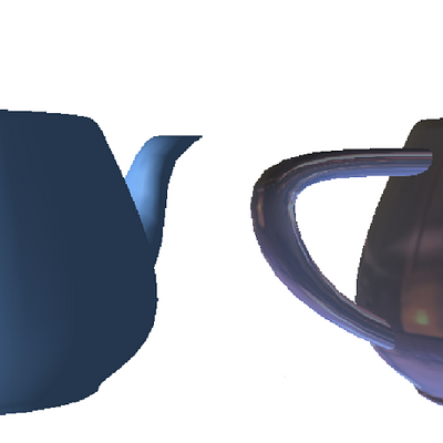The teapot rendered with a constant color (left) and a different environment map (right)
