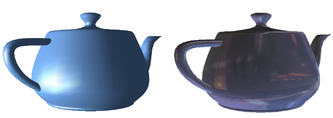 The teapot rendered with a constant color (left) and a different environment map (right)