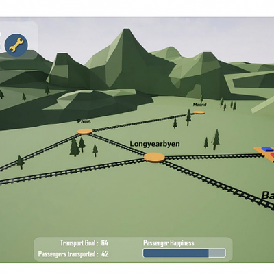 A sample train layout, with Tramsterdam selected. In the upper left corner are stats related to the track reach the station. A train will soon run between two other stations, indicated by the card on the top right side.