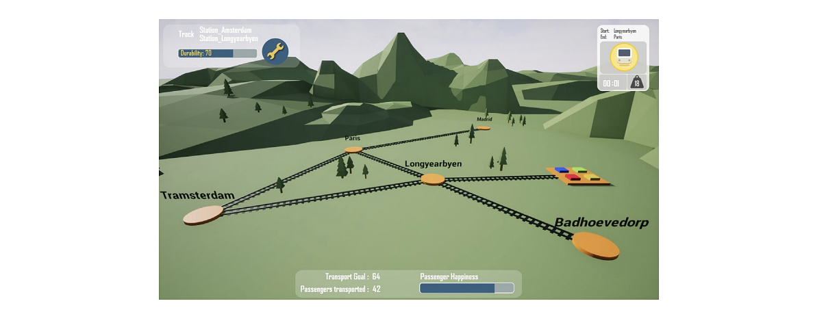 A sample train layout, with Tramsterdam selected. In the upper left corner are stats related to the track reach the station. A train will soon run between two other stations, indicated by the card on the top right side.