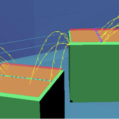 While placing level components (green), the level designer is made constantly aware of the navigation space. Convex walkable areas (orange) are connected through walk links (purple) and jump links (yellow)