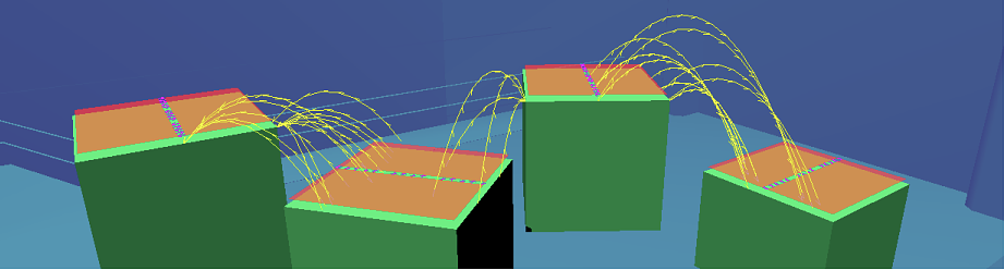 While placing level components (green), the level designer is made constantly aware of the navigation space. Convex walkable areas (orange) are connected through walk links (purple) and jump links (yellow)