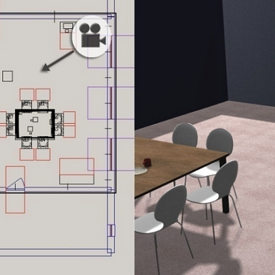 Automated generation: (left) 2D floor plan of a house created with our solving approach; (right) 3D visualization of the living room (from viewpoint indicated by camera in the left image).