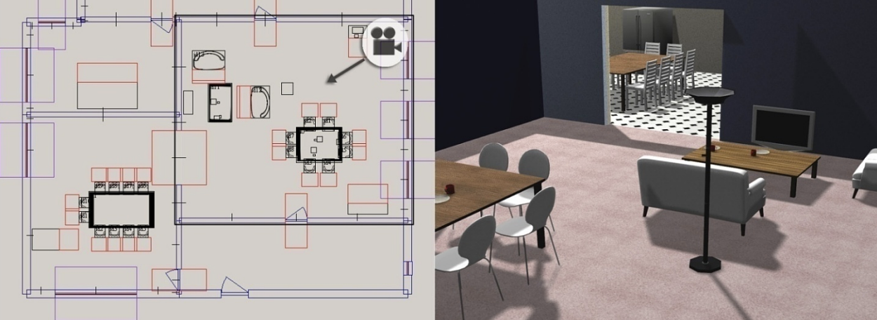 Automated generation: (left) 2D floor plan of a house created with our solving approach; (right) 3D visualization of the living room (from viewpoint indicated by camera in the left image).