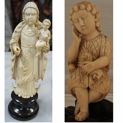 From left to right: three ivory pieces that contain clear signs of degradation, and a 3D model of the last object.