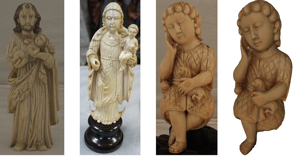 From left to right: three ivory pieces that contain clear signs of degradation, and a 3D model of the last object.