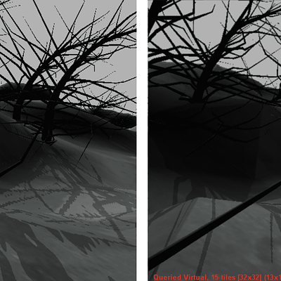 Standard 4,0962 shadow map with perspective warping, rendering at 64 FPS (left). QVSM with a maximum refinement level of 32 × 32 and 1,0242 tiles, rendering at 32 FPS (right). Adaptive subdivision effectively removes aliasing in cases that are difficult for reparametrization and global partitioning methods.