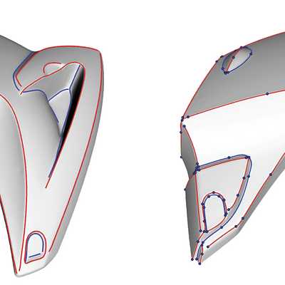  Feature lines on a surface, left: input feature lines, right: optimized CCBCs with 154 vertices.