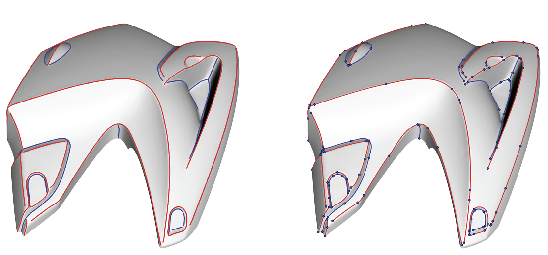  Feature lines on a surface, left: input feature lines, right: optimized CCBCs with 154 vertices.