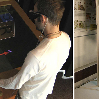 The active space VR systems in our VR Laboratory: The Responsive Workbench (left) and the PDRIVE [de Haan 07a] 