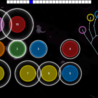 A screenshot of a difficult PIZZICATO level, depicting a variety of nodes aimed at various fingers, and at different stages of their ‘life