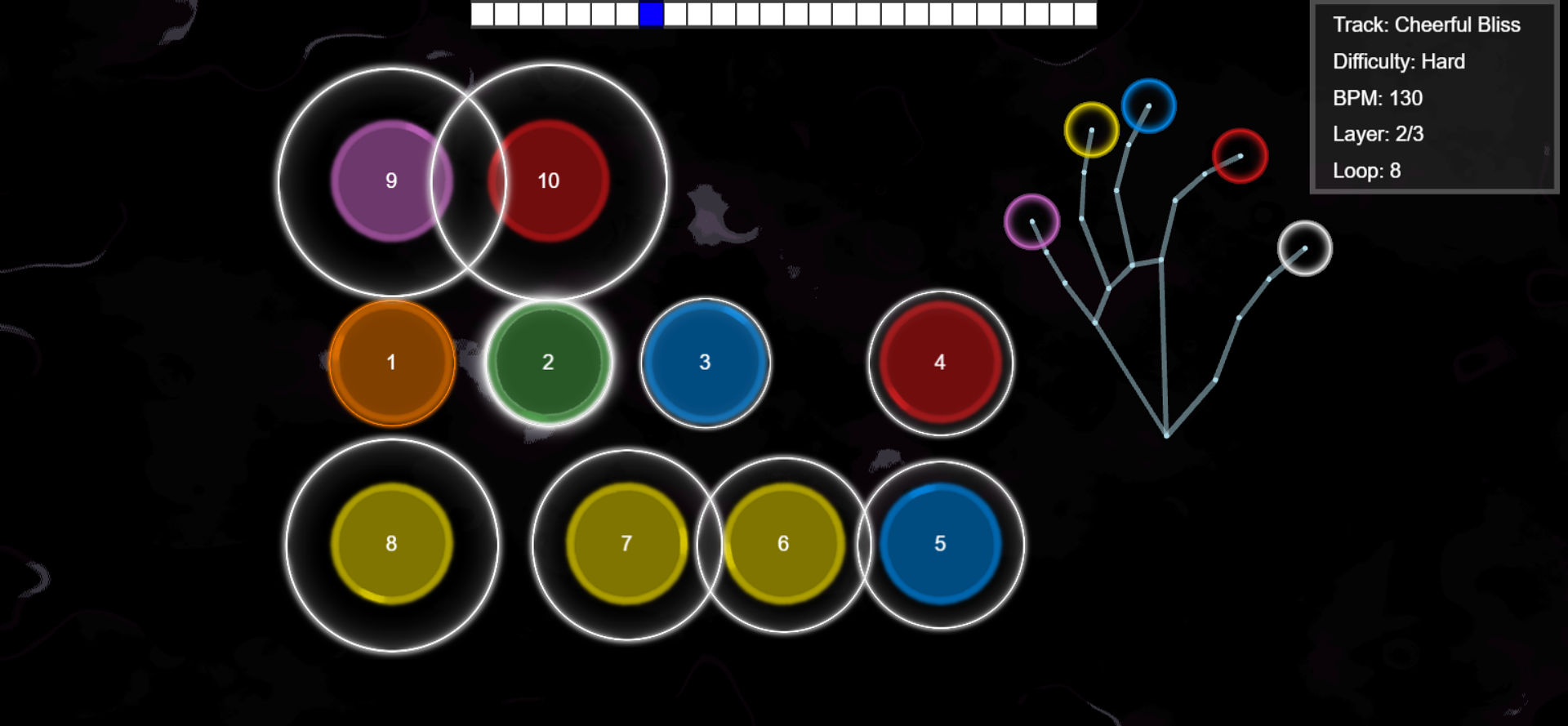 A screenshot of a difficult PIZZICATO level, depicting a variety of nodes aimed at various fingers, and at different stages of their ‘life