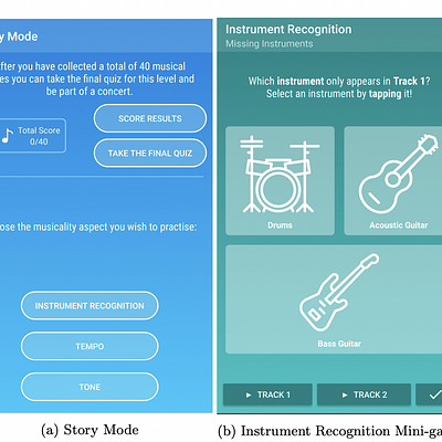 Screen shots showing our game’s story mode as well as a mini-game for each aspect of musicality we test.