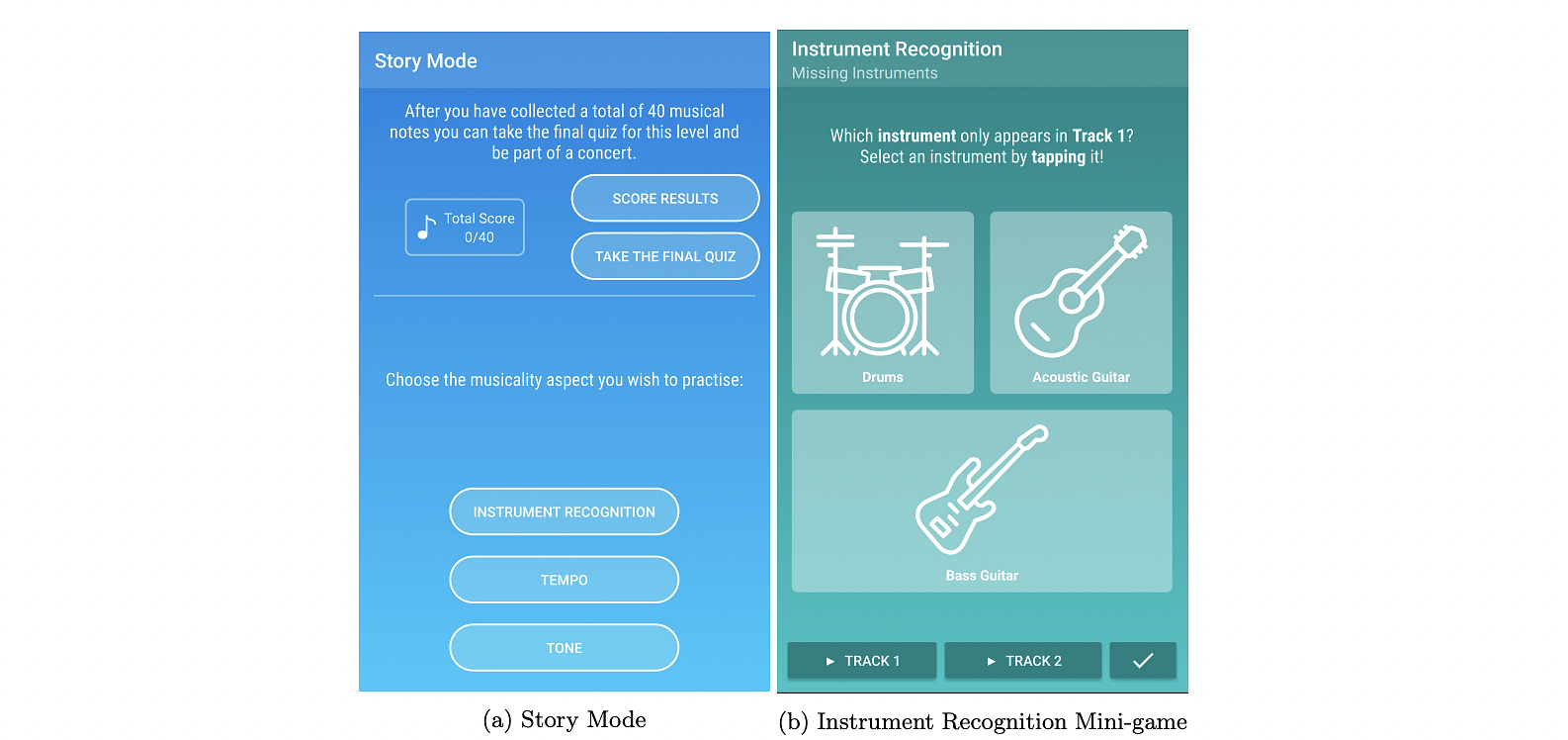 Screen shots showing our game’s story mode as well as a mini-game for each aspect of musicality we test.