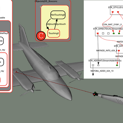 Composition of a StateStream modelled 3D ray casting selection technique, see also section 5.1. A stylus device can be used to point a ray at objects in the VR scene