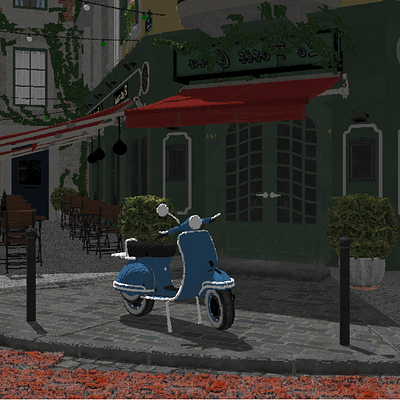 Voxelization of the Lumberyard Bistro scene with a 3D brick texture painted on the ground