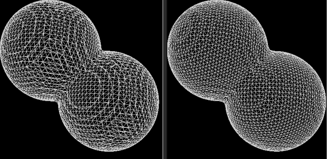 Two spheres partly overlapping. Meshes generated by Marching Cubes (left) and SNERT (right). Both meshes have the same number of triangles.