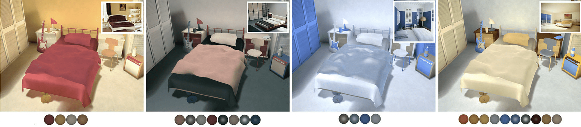 Automatic 3D material style transfer from different source images (insets) to a target 3D scene using our approach