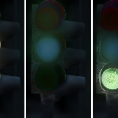 Afterimage simulation of a traffic light over time. Note the over-time change of colors, blur and shape in the afterimage