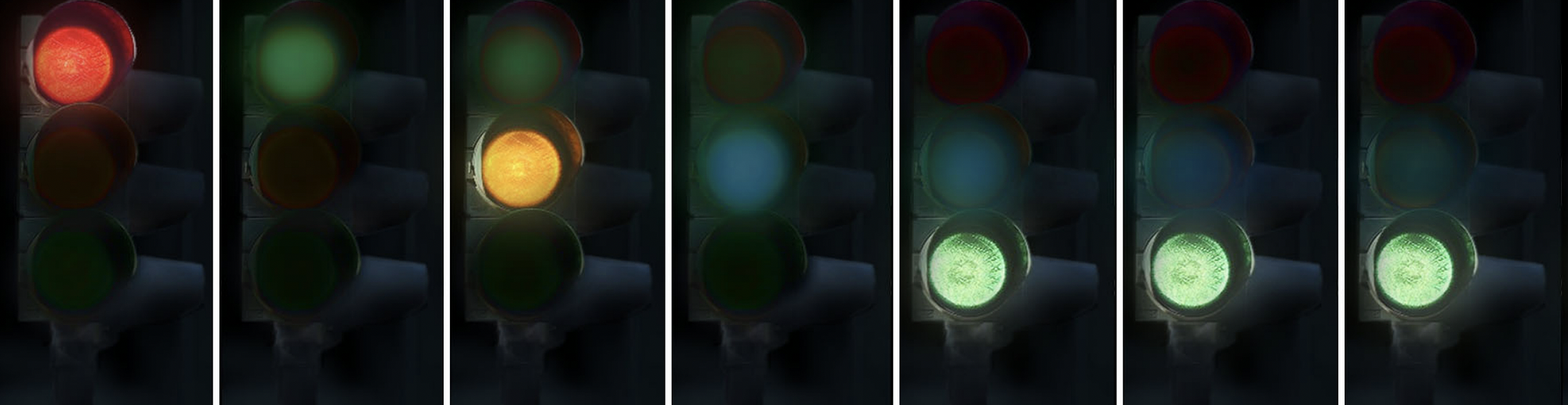 Afterimage simulation of a traffic light over time. Note the over-time change of colors, blur and shape in the afterimage