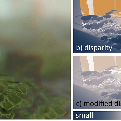 When stereo content (a; b) is manipulated (c), we quantify the perceived change considering luminance, and disparity (d), whereas previous work leads to wrong predictions (e) e. g., for low-texture areas, fog, or depth-of-field (arrows).Please note that all images in the paper, except for disparity and response maps are presented in anaglyph colors.