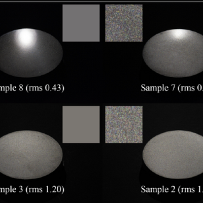 Eight aluminium samples with surfaces varying from smooth (top-left) to rough (bottom-right)