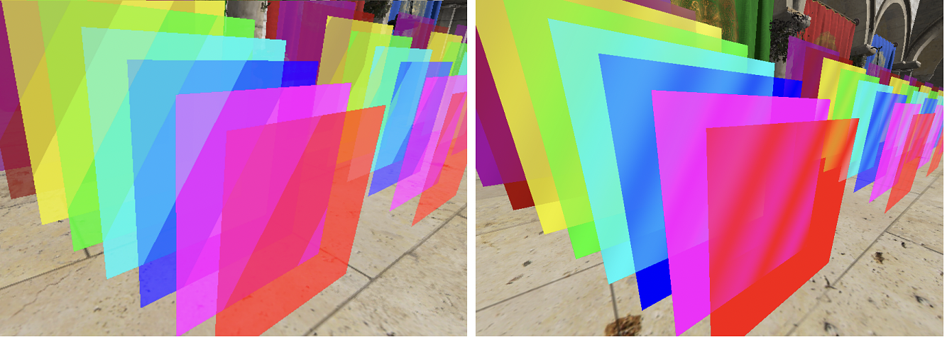 Left: Visible layer transitions where bin boundaries cut through primitives. Right: Smooth layer transitions improve the results but artifacts are still visible.