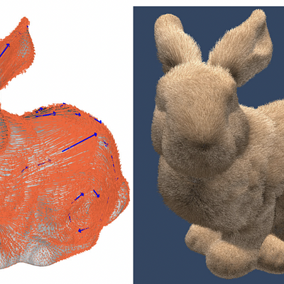 Fur design on the bunny mesh. Left: constraints and resulting tangential vector field spline, right: output field visualized as fur on the bunny