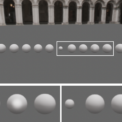 : (Top) Virtual environment set-up for static scenario as seen by participants. (Bottom) Insets of exemplary stimulus on the 3rd right sphere, shown for white (left) and black (right) interpolation (effect exaggerated for depiction).