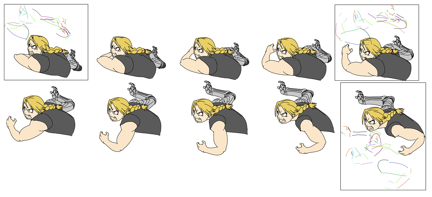 Reproduction from the animation Fullmetal Alchemist: Brotherhood. Guidelines are displaced for clarity purposes. Animation follows left to right, top to bottom.