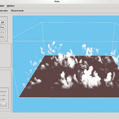 A screenshot of an interactive simulation with GALES. The 3D cloud field visualization is shown using volume rendering. During the simulation, the visualization can be actively zoomed and rotated to directly obtain insight into the simulation process.