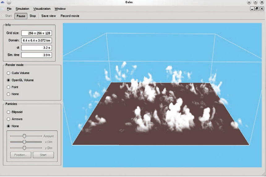 A screenshot of an interactive simulation with GALES. The 3D cloud field visualization is shown using volume rendering. During the simulation, the visualization can be actively zoomed and rotated to directly obtain insight into the simulation process.