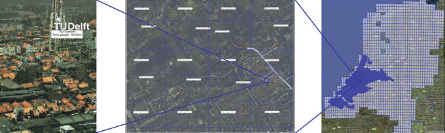 Tile overview: overview of all AHN-2 point cloud tiles (right), in relation to the region of Delfland (mid) and the marketplace of Delft (left)
