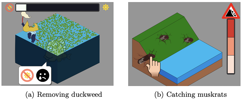 Example of two minigames that introduce new pickups. Left: the aim is to remove duckweed, that blocks sunlight into the canal. Right: the goal is to catch muskrats that build holes in levees.