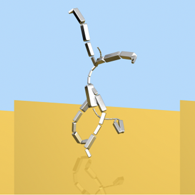 Our framework for spacetime optimization efficiently generates planned motion of complex articulated characters. Snapshots of an animation of a four-legged character performing a handstand followed by a twisting jump are shown.
