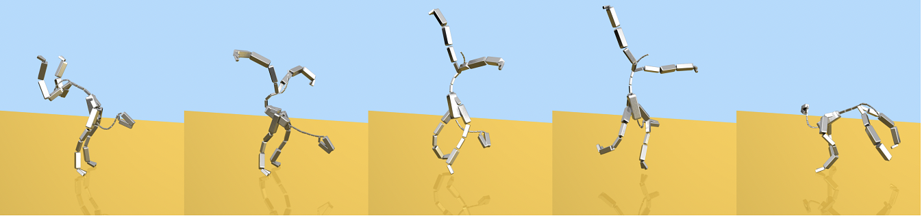 Our framework for spacetime optimization efficiently generates planned motion of complex articulated characters. Snapshots of an animation of a four-legged character performing a handstand followed by a twisting jump are shown.