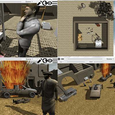 WorldBuilder. Top images are from the CSA version, inscene person perspective (left) and edit (right). Bottom images are the war version. Left the inscene Person perspective, right birds-eye perspective. Translated from the original Dutch version