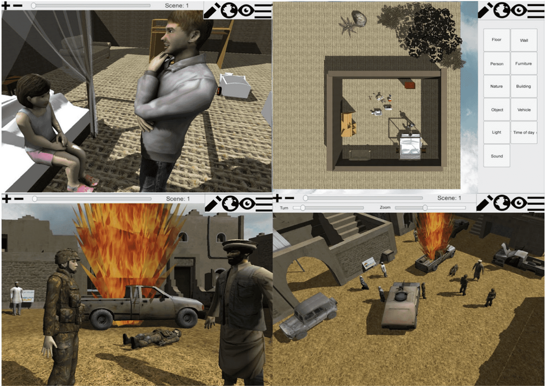 WorldBuilder. Top images are from the CSA version, inscene person perspective (left) and edit (right). Bottom images are the war version. Left the inscene Person perspective, right birds-eye perspective. Translated from the original Dutch version