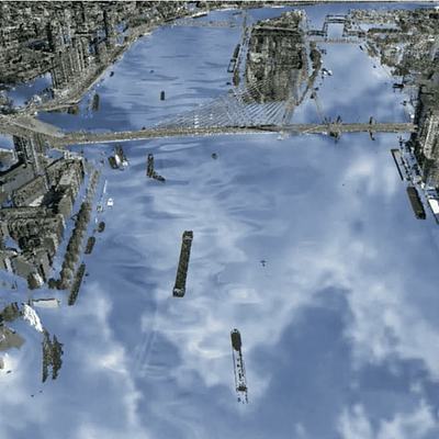 Cloud reflection for a flood in the city of Rotterdam due to a hypothetical scenario of heavy rainfall (100 mm/h)