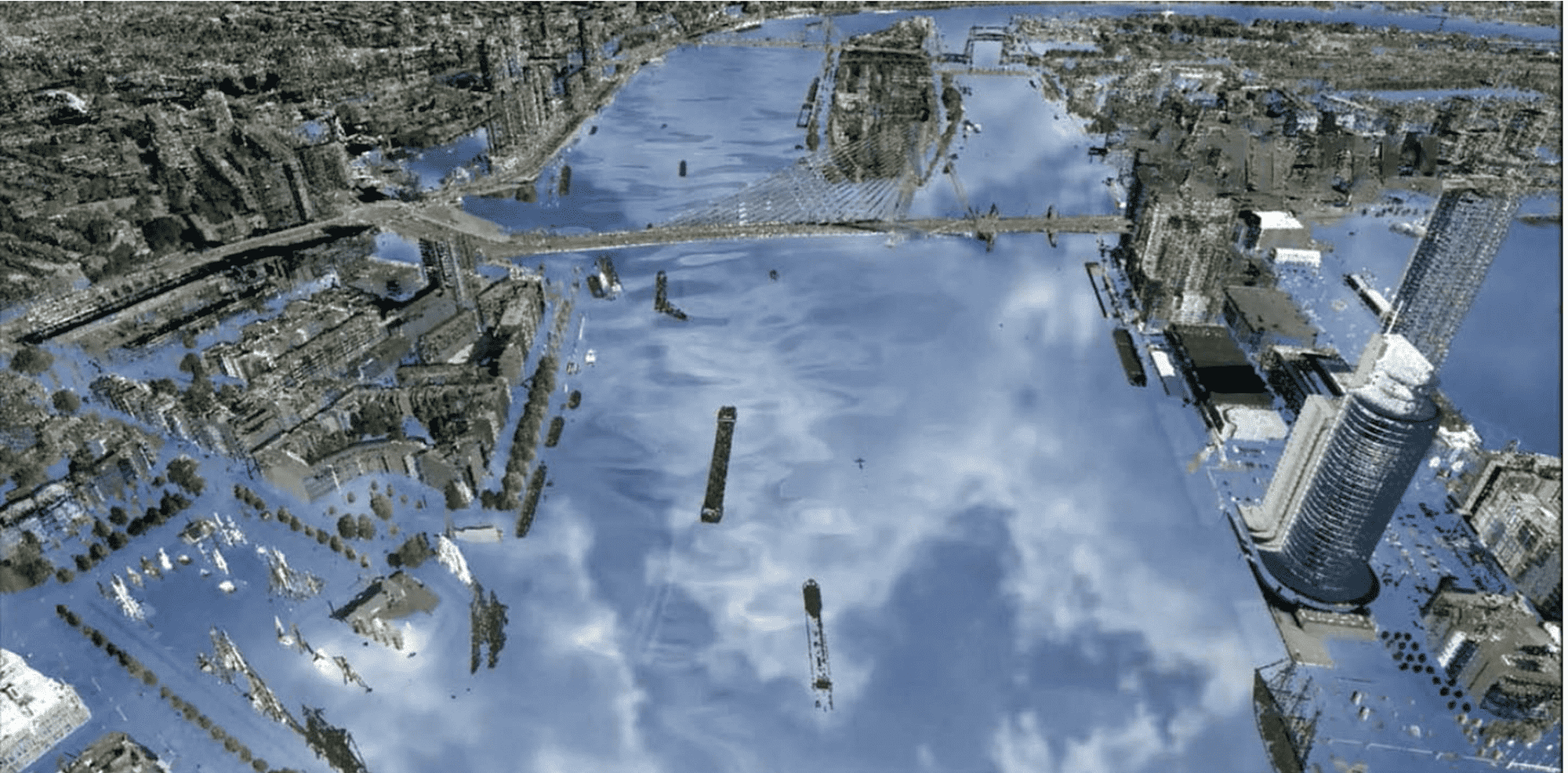 Cloud reflection for a flood in the city of Rotterdam due to a hypothetical scenario of heavy rainfall (100 mm/h)