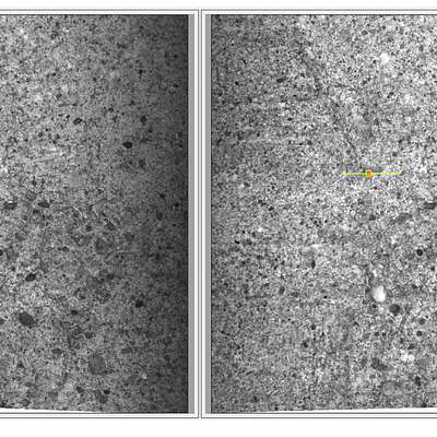 . Stereo camera setup (left) and corresponding images (middle) for the computation of a 3D point cloud (patch). On the right the registration result for nine false-colored patches is shown.