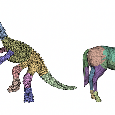 A simple segmentation scheme using our compressed vibration modes applied to the dinosaur (volumetric) and the centaur (surface) mesh