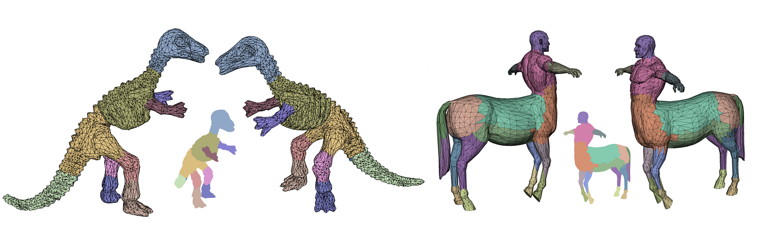 A simple segmentation scheme using our compressed vibration modes applied to the dinosaur (volumetric) and the centaur (surface) mesh