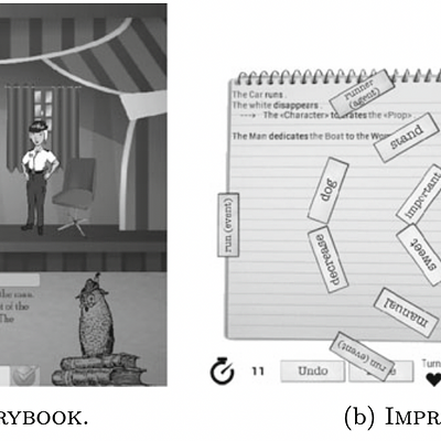 Screenshots of each prototype. Figure 2a shows a sample story built in Smart Storybook. Figure 2b shows the noun selection menu in Improv Game