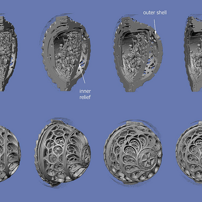 Upper row: volume reconstructions with a vertical cut through the middle of the nut, revealing the shell structure as well as the knot sandwiched between the outer and inner shells. Note the openings in the outer shell. Lower row: volume reconstruction of the outer shell with Gothic motif.