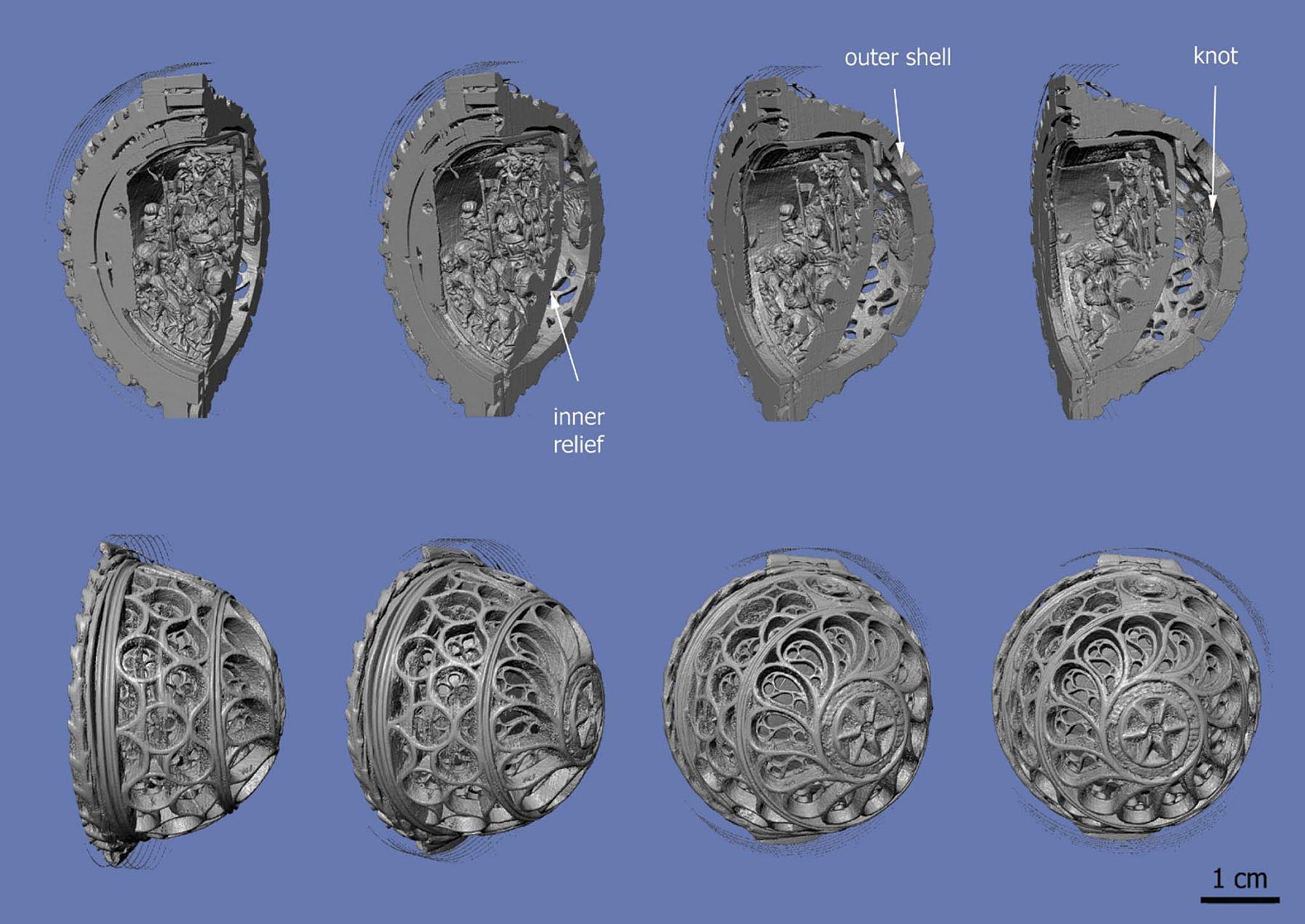 Upper row: volume reconstructions with a vertical cut through the middle of the nut, revealing the shell structure as well as the knot sandwiched between the outer and inner shells. Note the openings in the outer shell. Lower row: volume reconstruction of the outer shell with Gothic motif.
