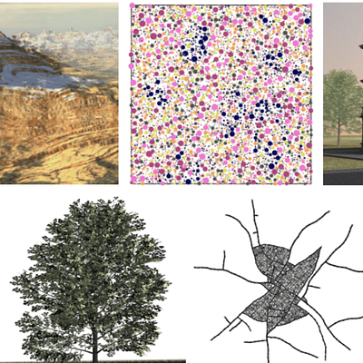  a) Terrain interactively created using procedural brushes (De Carpentier and Bidarra, 2009). b) Plant distribution simulation (Deussen et al., 1998). c) Complex building facade (Finkenzeller and Bender, 2008). d) A 3D render of a height-map generated using L3DT (Torpy, 2009). e) A plant model generated using XFrog (Greenworks, 2009). f) and g) A road network and corresponding city generated using CityEngine (Procedural, inc., 2009).