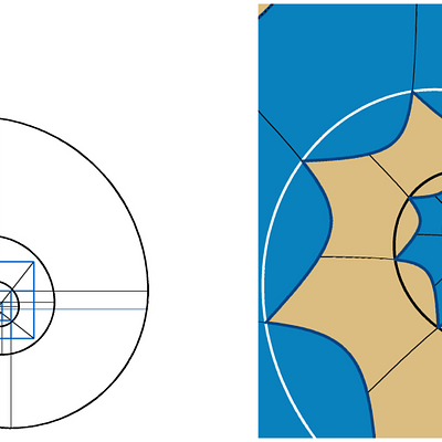 An approximation of a logarithmic spiral, build from “better golden rectangles” and its reparametrization to an approximate golden spiral. The right image also includes a copy of the reparametrization, rotated by 𝜋.